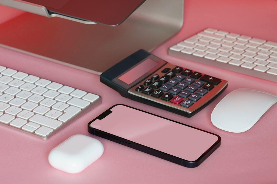 Smart phone clean screen mockup. Office devices on desktop. Isometric view.