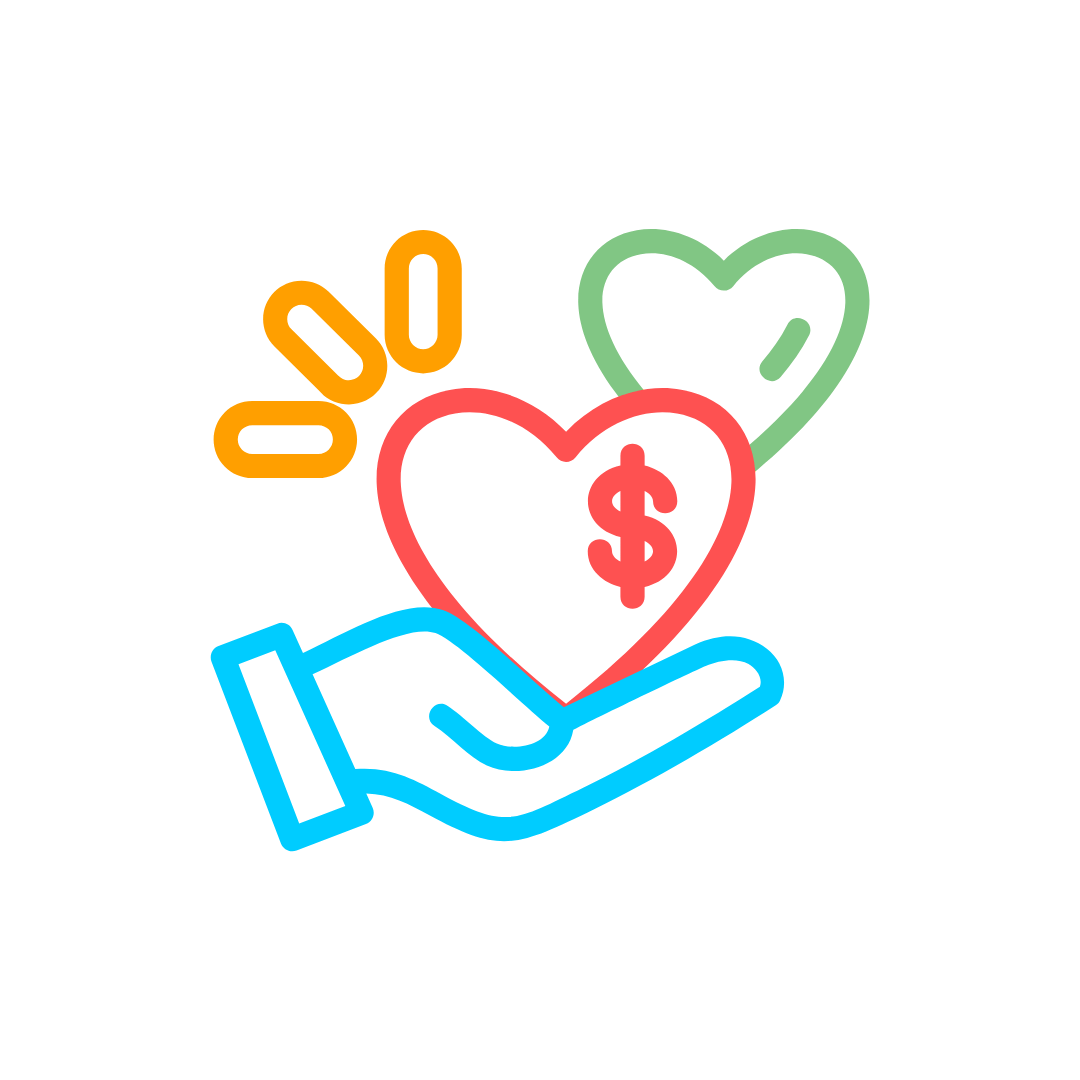 Hand extended out two hearts with money.