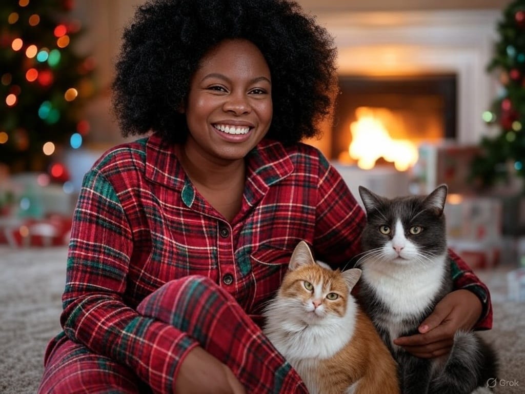 A joyful Black woman pet owner sits on a cozy rug in a festive living room, wearing red pajamas with a green and white holiday pattern. She is joined by a golden retriever and a fluffy gray cat, both dressed in matching holiday pajamas. They are positioned near a glowing Christmas tree adorned with colorful lights and ornaments. Scattered around them are opened presents with torn wrapping paper, and a fireplace in the background adds a warm glow to the cheerful holiday scene.