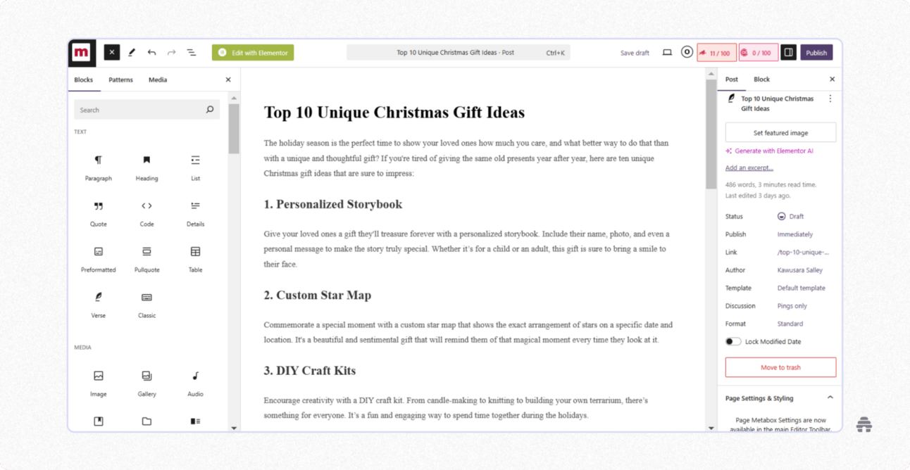 WordPress Gutenberg block editor interface showing a blog post draft with content blocks, media tools, and publishing settings. Illustrates how creators write, format, and manage blog content in the WordPress post editor.