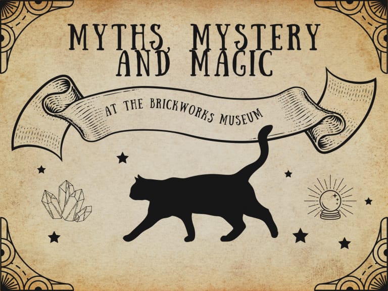 Mythic poster with a black cat, crystals and acrystal ball