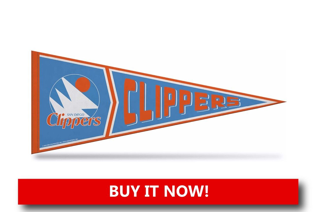 LA Clippers Retro Flag A rectangular retro-style flag featuring the LA Clippers logo and bold color blocks in red, white, and blue. Hung flat against a wall to emphasize its vintage flair and energetic team pride.