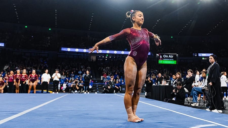 Addison Fatta of the Oklahoma Sooners performs her floor routine during the meet against the Kentucky Wildcats at Memorial Coliseum 