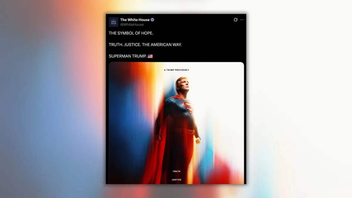 An image shows a white man wearing a red cape and outfit that shows a red S on it. Above, black text says, "THE SYMBOL OF HOPE. TRUTH. JUSTICE. THE AMERICAN WAY. SUPERMAN TRUMP."