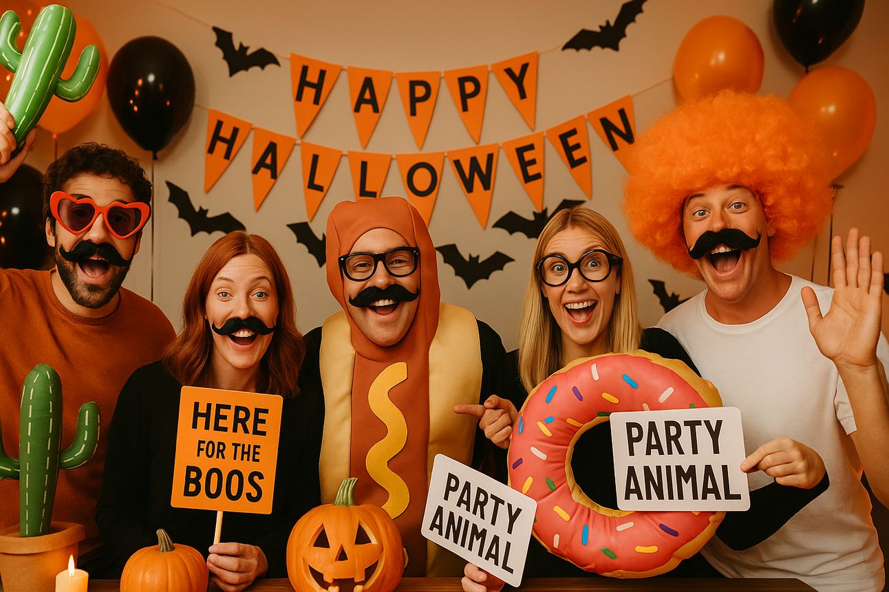 Five adults at a Halloween party wearing silly costume accessories, including fake mustaches, oversized glasses, inflatable props like a donut and cactus, punny signs that say “HERE FOR THE BOOS” and “PARTY ANIMAL,” and an exaggerated orange wig. They pose in front of a festive “HAPPY HALLOWEEN” banner with black bat cutouts and orange-and-black balloons, smiling and laughing under warm lighting.