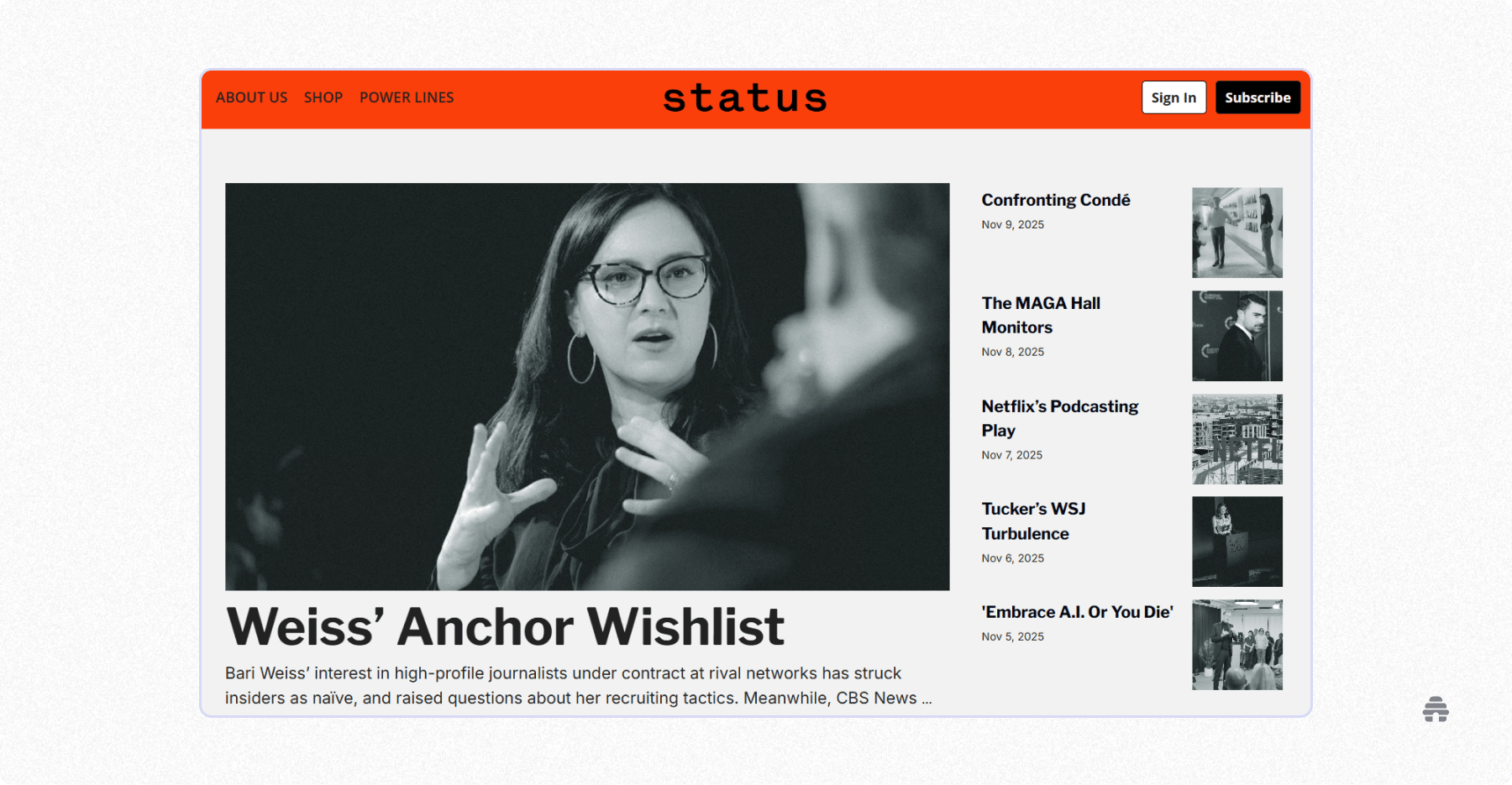 Homepage of the Status newsletter showing a featured story titled ‘Weiss’ Anchor Wishlist’ with additional recent articles listed on the right, highlighting the publication’s news and media coverage.