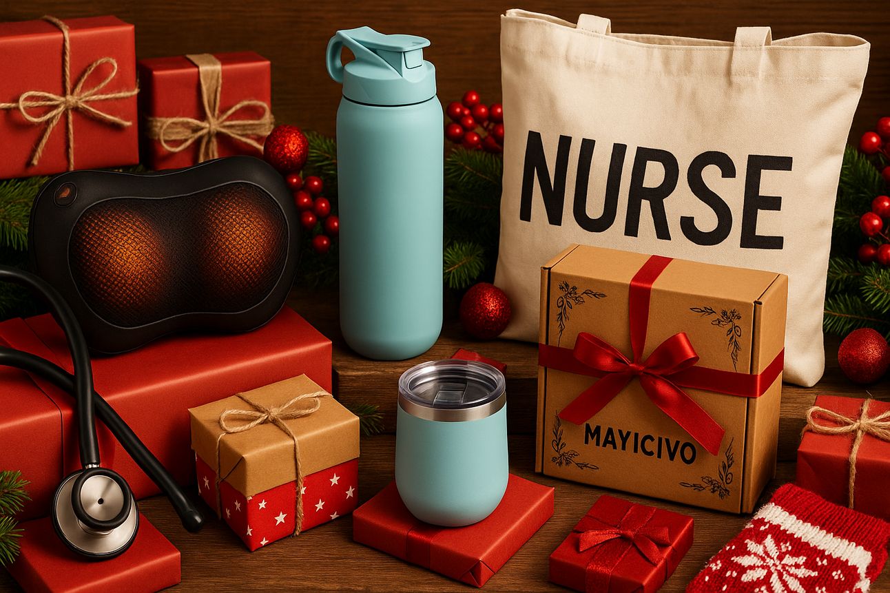 A warm, festive scene showing nurses in scrubs unwrapping gifts in a decorated break room, celebrating the holidays with joy, unity, and appreciation.
