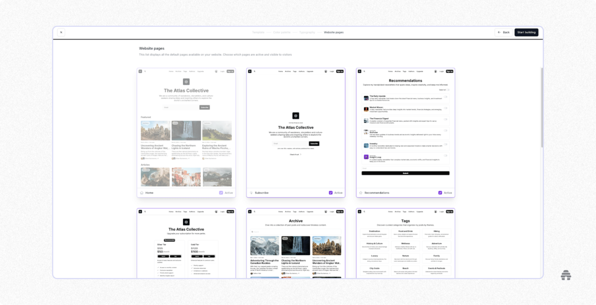 Website builder dashboard showing multiple editable page templates—home, subscribe, recommendations, archive, and tags—demonstrating how creators organize and manage website pages in a drag-and-drop editor.