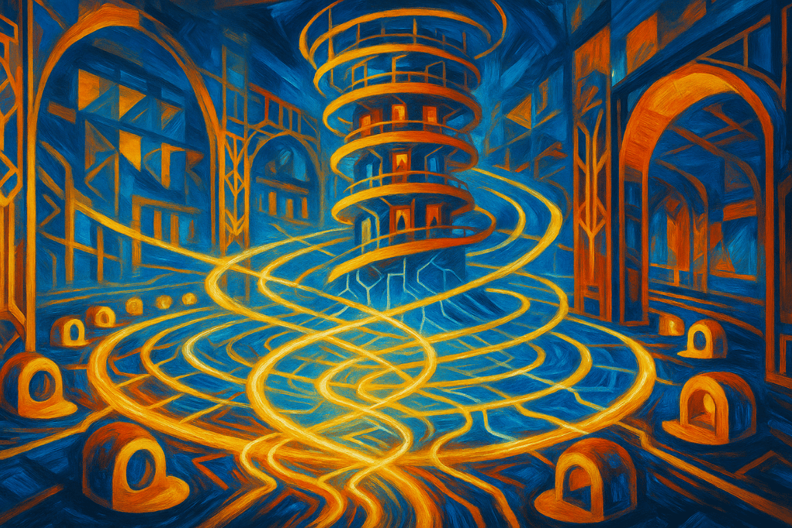 An architectural visualization showing how Intersectional Futurist healing technology connects individual healing journeys with community organizing and cultural preservation in a spiraling structure of interconnected platforms and chambers connected by flowing energy networks.