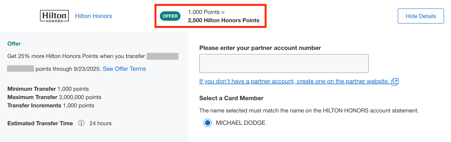 25% transfer bonus to Hilton 