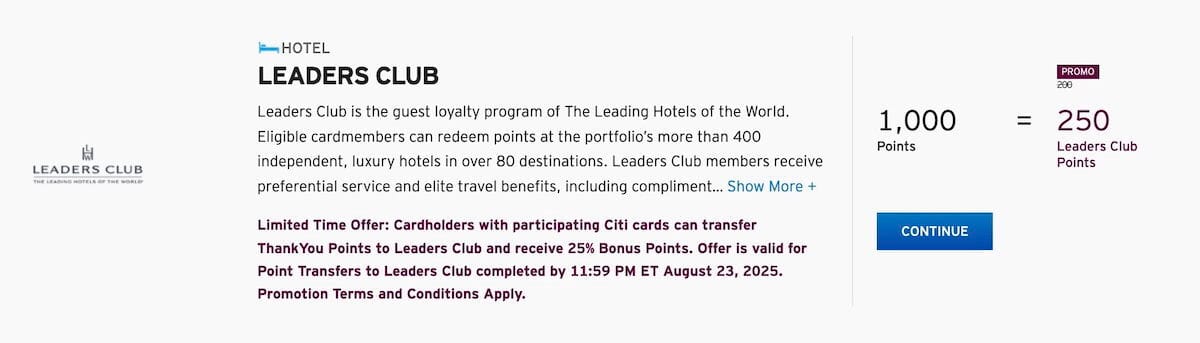 25% transfer bonus from ThankYou points to Leading Hotels of the World