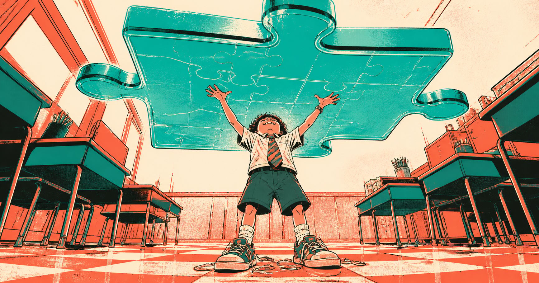 Student lifts giant puzzle piece in classroom, symbolizing engaging early finisher brain activity