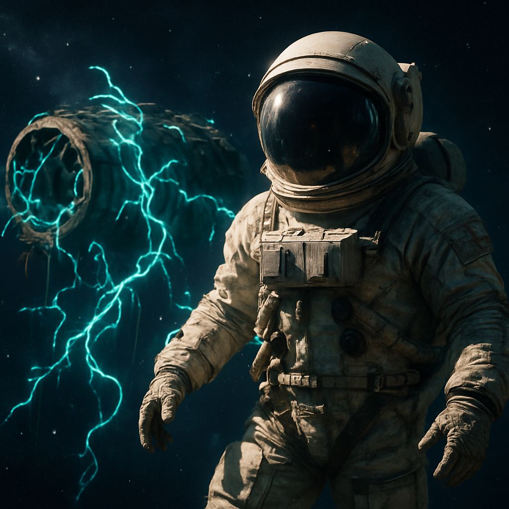 Wide-angle view of a photorealistic astronaut in sharp focus, floating in space near a derelict spacecraft overgrown with glowing neon vines. The background features a slightly softened starfield and cosmic wreckage.