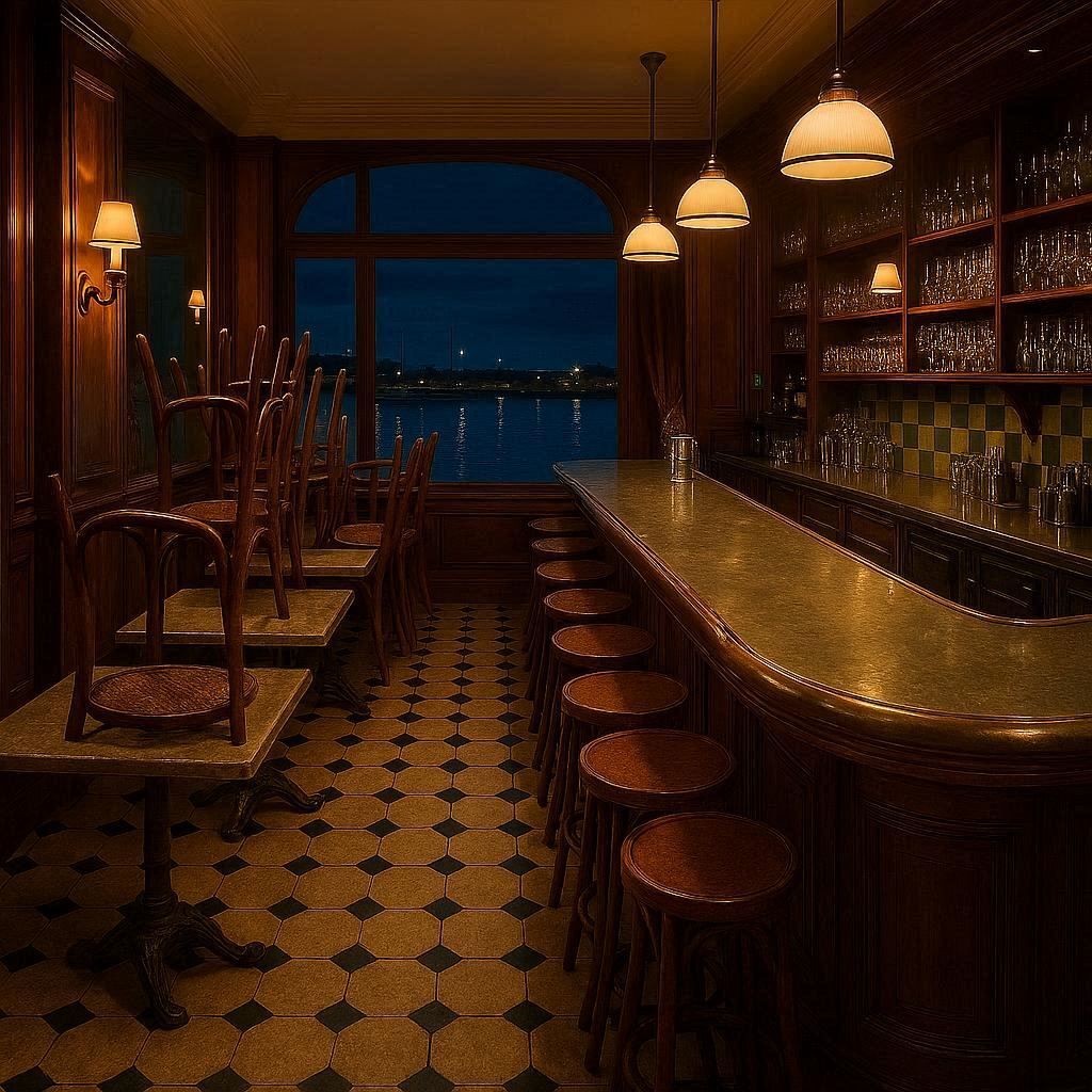 L'intérieur d'une brasserie traditionnelle à Cherbourg à l'heure de la fermeture, avec les chaises retournées et le port visible par la fenêtre.