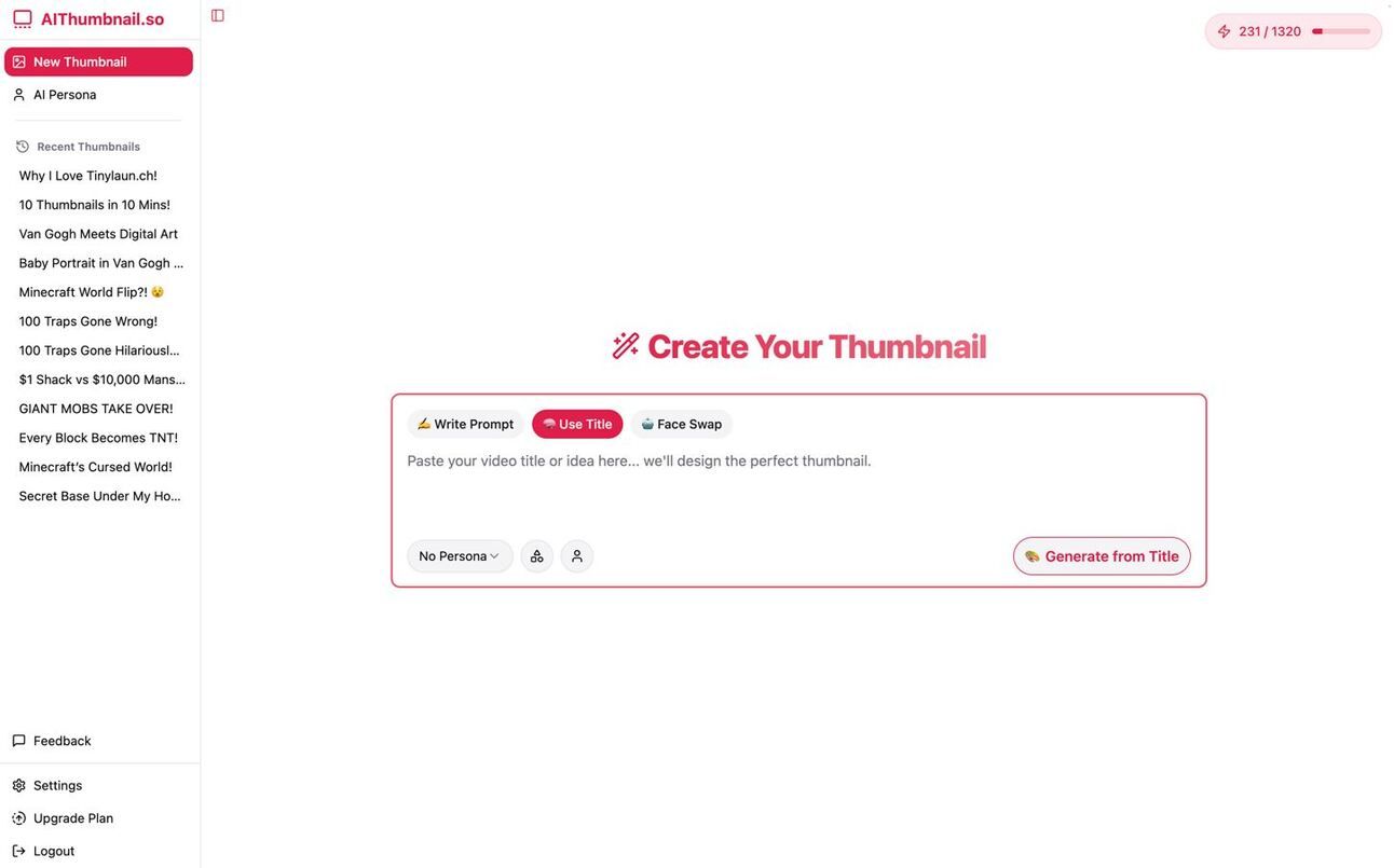 AIThumbnail.so interface: "Create Your Thumbnail" section with prompt input, no persona selected, 231/1320 credits, recent thumbnails list