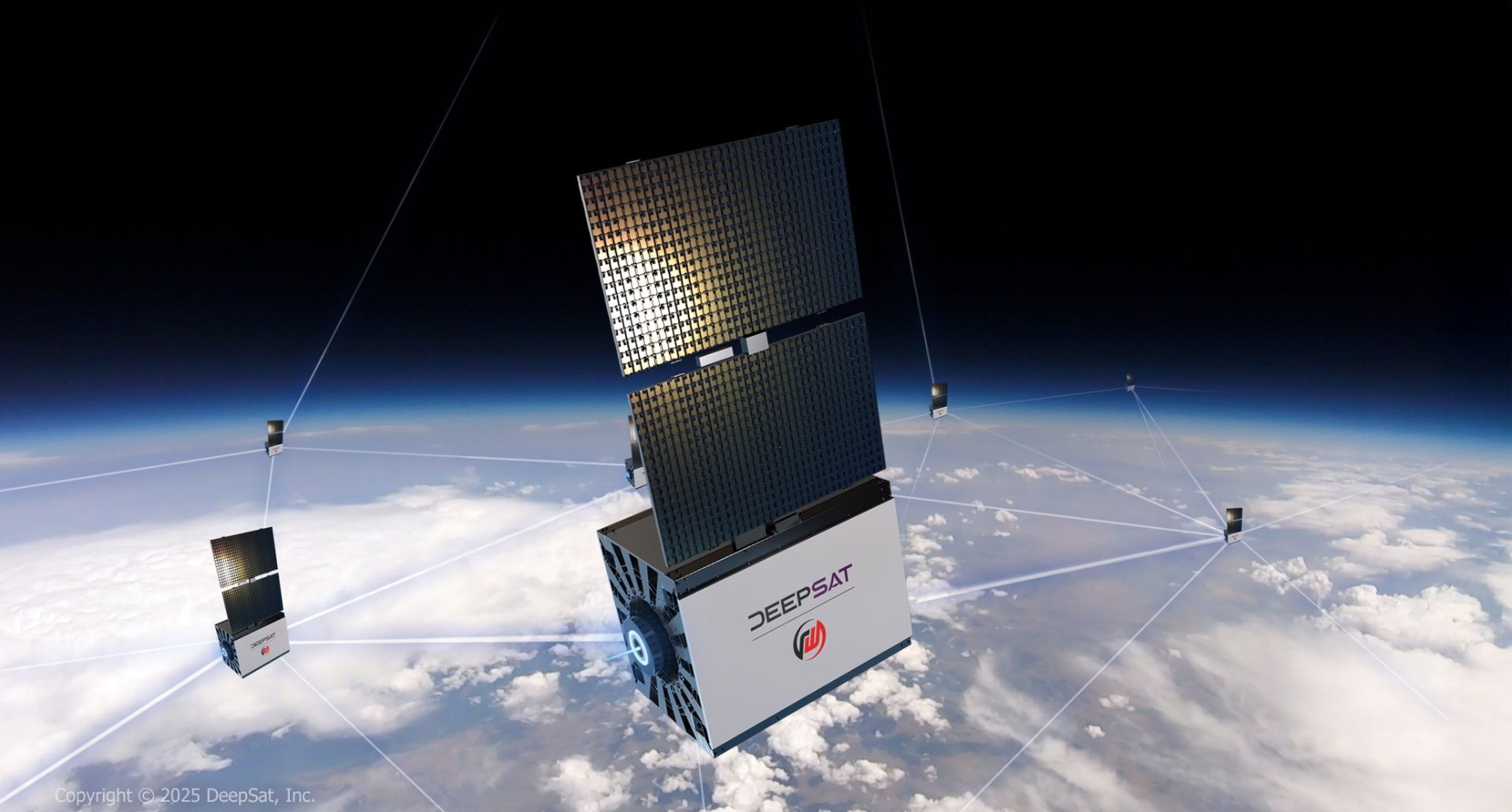 A render showing the DeepSat constellation in very low Earth orbit.