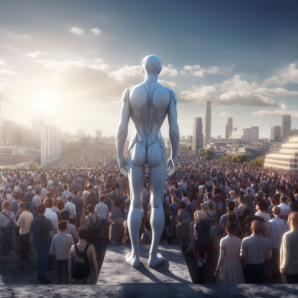 ChatGPT as a humanoid standing on a ledge looking over a large crowd of people in the city, photorealistic, 8k quality 