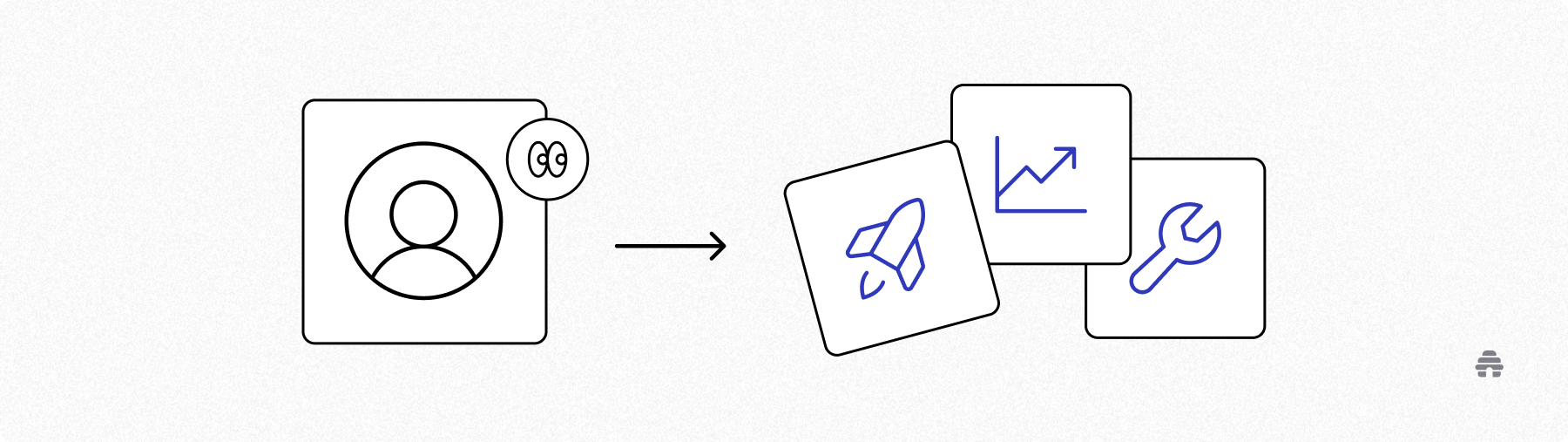 Illustration of a subscriber profile with an eye icon leading to growth, launch, and tools symbols, representing audience insights turning into action. The graphic shows how beehiiv helps newsletter creators analyze subscribers and drive growth and optimization