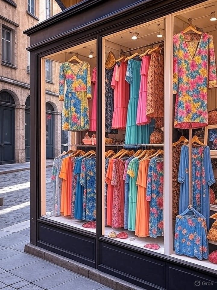 Boutique française élégante pendant les soldes d'été avec vitrine soignée et étiquettes rouges dans le Vieux Lyon.