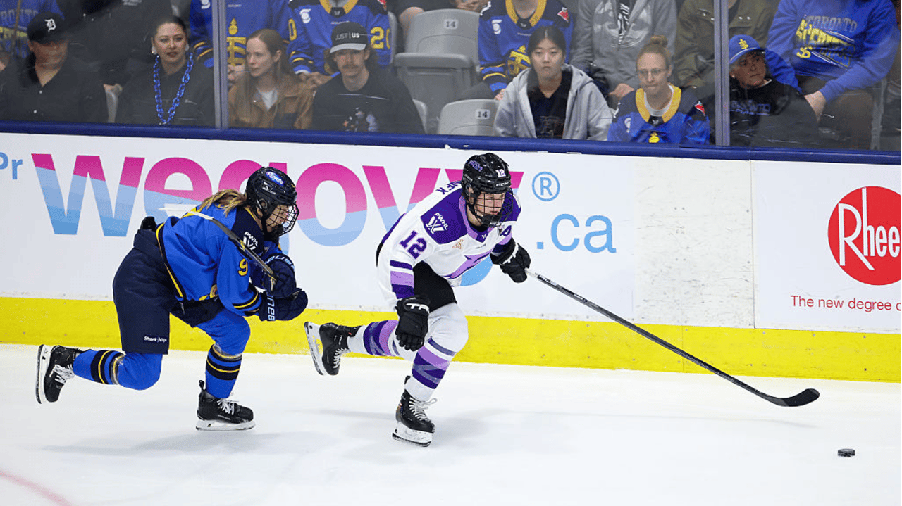 Kelly Pannek #12 of the Minnesota Frost skates with the puck against the Toronto Sceptres during the first period of Game Two of the First Round of the 2025 PWHL Playoffs at Coca-Cola Coliseum on May 9, 2025 in Toronto, Ontario, Canada.