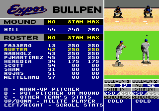 A look at the Expos bullpen menu, which features all of the pitcher in it, their current and max stamina, as well as a screen to the right showing pitchers warming up as you select them for that action, along with their readiness level. Here, both Jeff Fassero and Kirk Rueter are "Cold" as they have just begun warming.
