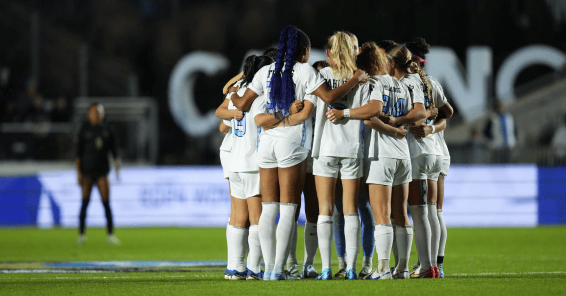 The North Carolina Tar Heels huddle during their match against the Wake Forest Demon Deacons