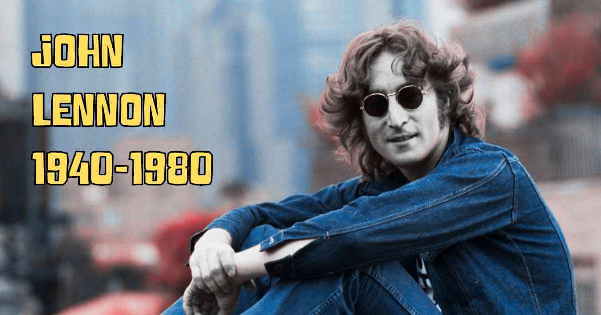 John Lennon wearing round sunglasses and a denim jacket, sitting outdoors, with the yellow text "JOHN LENNON 1940-1980