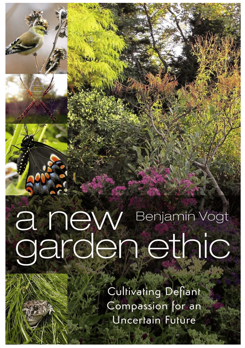 book cover with a profusion of plants that show what a native garden looks like; on the left from top to bottom images of a bird, spider, butterfly and frog. title and author name in white