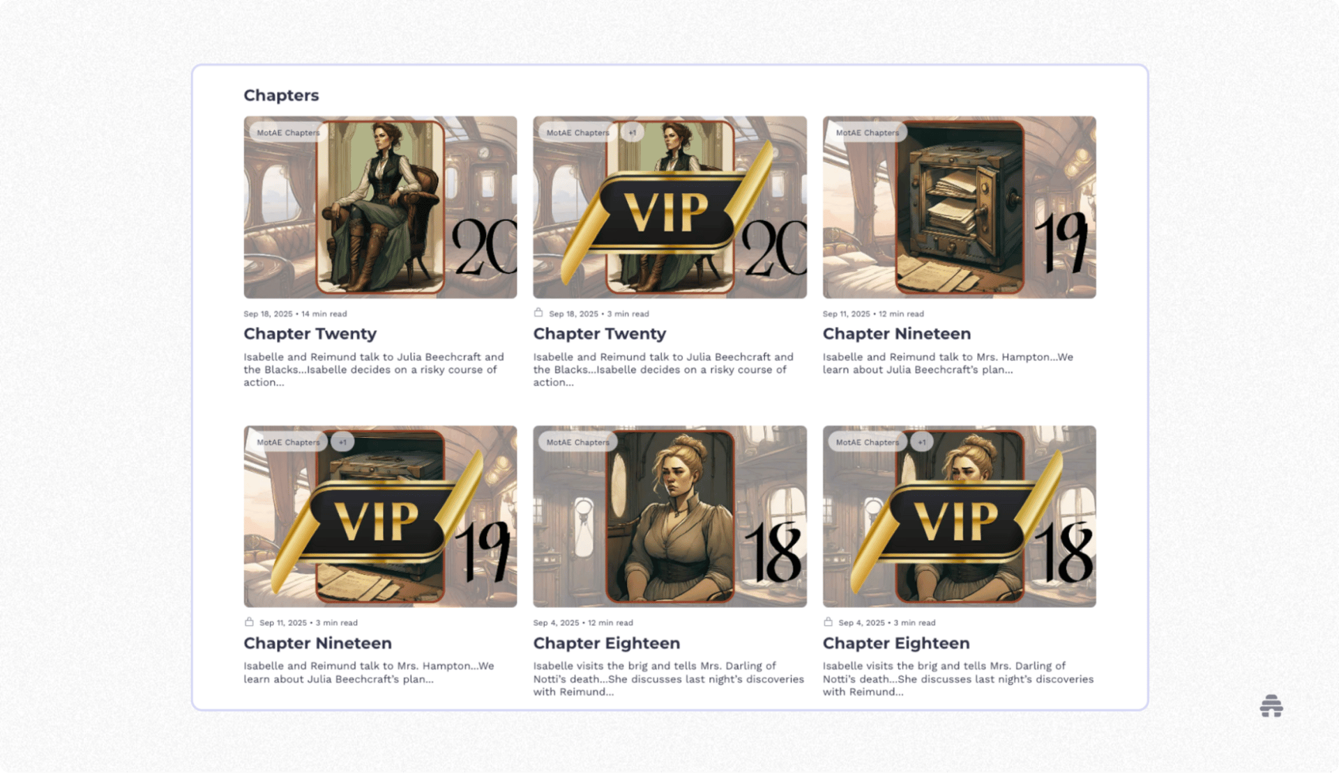 beehiiv chapter index for Murder on the Aerial Express, showing recent chapters with illustrated covers and VIP badges for exclusive content, including Chapters Eighteen through Twenty.