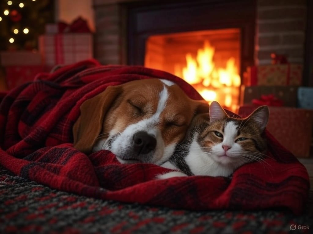 A cozy Christmas scene features a sleeping hound dog and a calico cat cuddled together under a red plaid blanket in front of a glowing fireplace. The warm firelight casts a soft glow on the pets as they rest on a patterned rug. In the background, twinkling lights from a Christmas tree illuminate the room, and several wrapped gifts with red and white wrapping paper are stacked near the tree, adding to the festive ambiance. The brick fireplace and holiday decorations create a warm, inviting atmosphere.