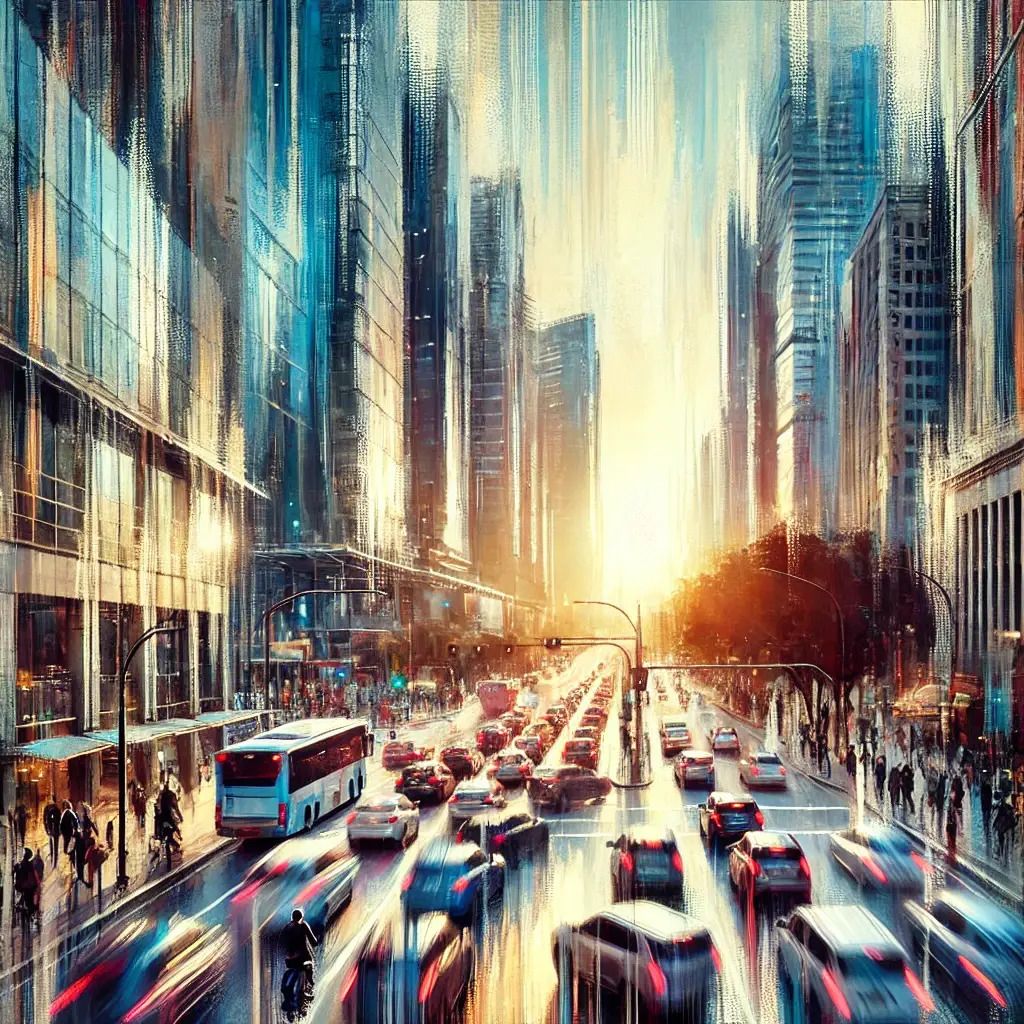 A bustling city street during rush hour with blurred figures and cars in motion, surrounded by towering skyscrapers reflecting sunlight. The scene is depicted in a modern artistic painting style with bold brushstrokes and vibrant colors, conveying the chaotic energy of urban life.