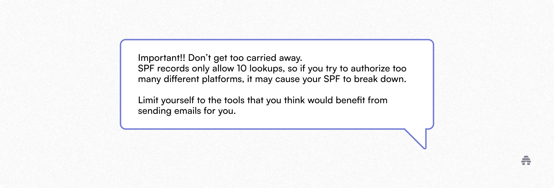 Callout explaining an SPF best practice, warning that SPF records allow only 10 DNS lookups and advising newsletter senders to limit authorized email tools to avoid deliverability issues.
