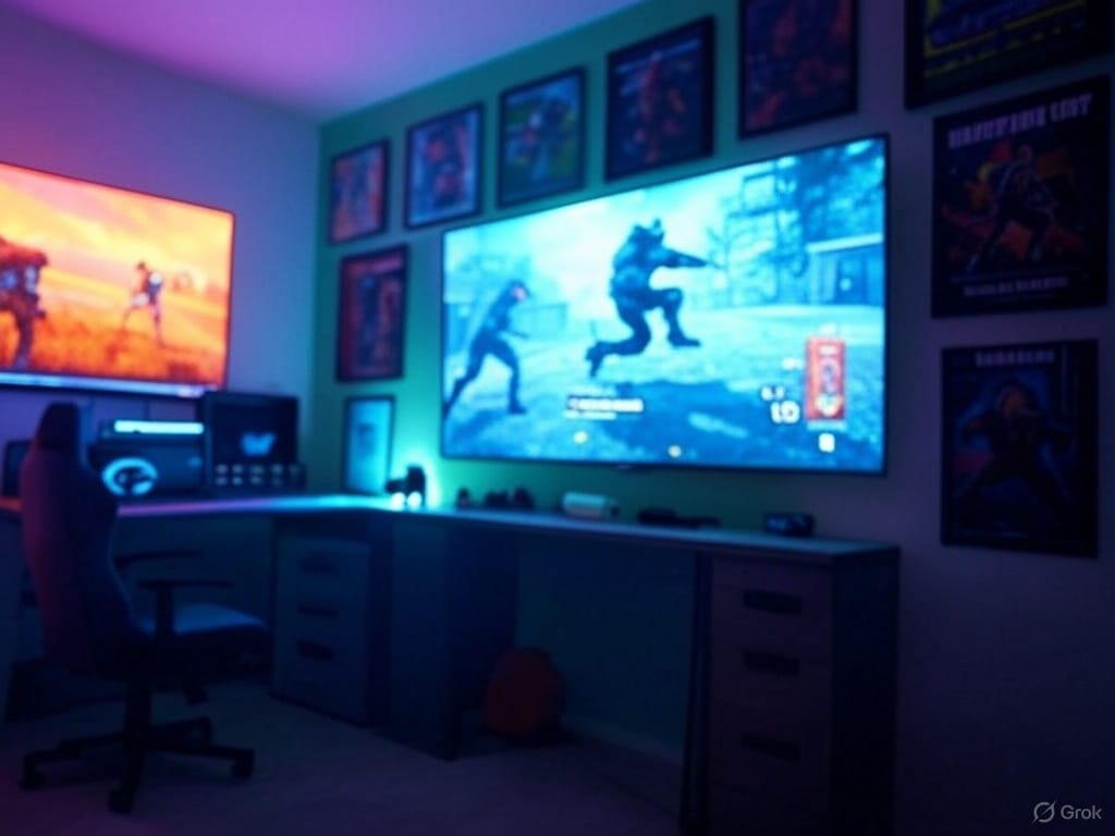A stylish gaming space illuminated by vibrant blue and pink room lights, featuring a big screen TV displaying a dynamic game scene. Colorful gaming posters and wall art adorn the walls, while personalized desk accessories add character. The room has a cozy, high-tech vibe with a shallow depth of field, captured in photorealistic detail.