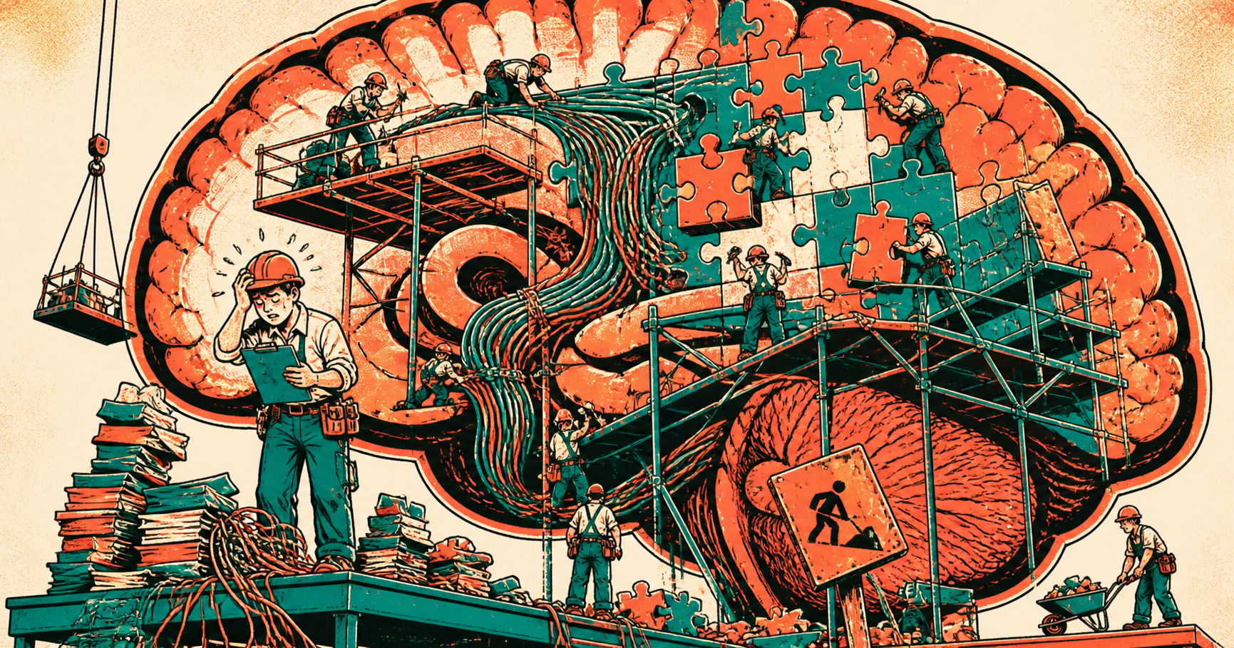 Illustration of teenage brain as construction site with workers building neural pathways and working memory
