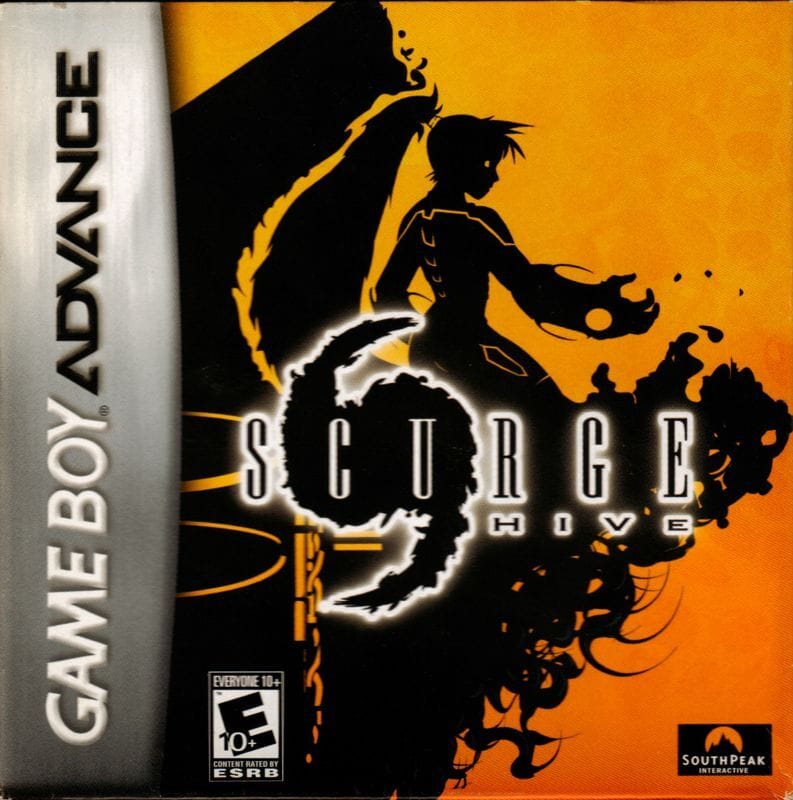 A scan of the Game Boy Advance box art for Scurge: Hive, which features a silhouette of Jenosa and her big hair behind the logo. The background is a darker yellow, with the rest of it all black with some white bordering.