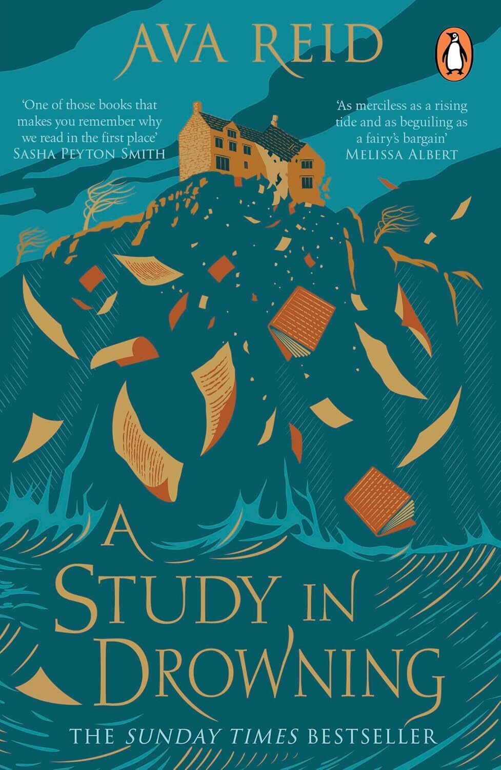 Teal and burnt orange illustration of a crumbling house on a cliff, with pages and books swept into stormy waves below.