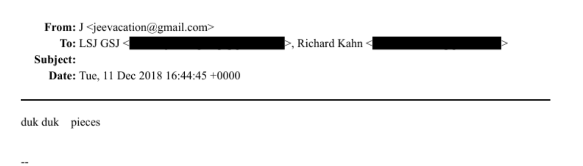 A screenshot of the DOJ's Epstein file record from December 11, 2018, when Epstein emails "duk duk pieces" and nothing else