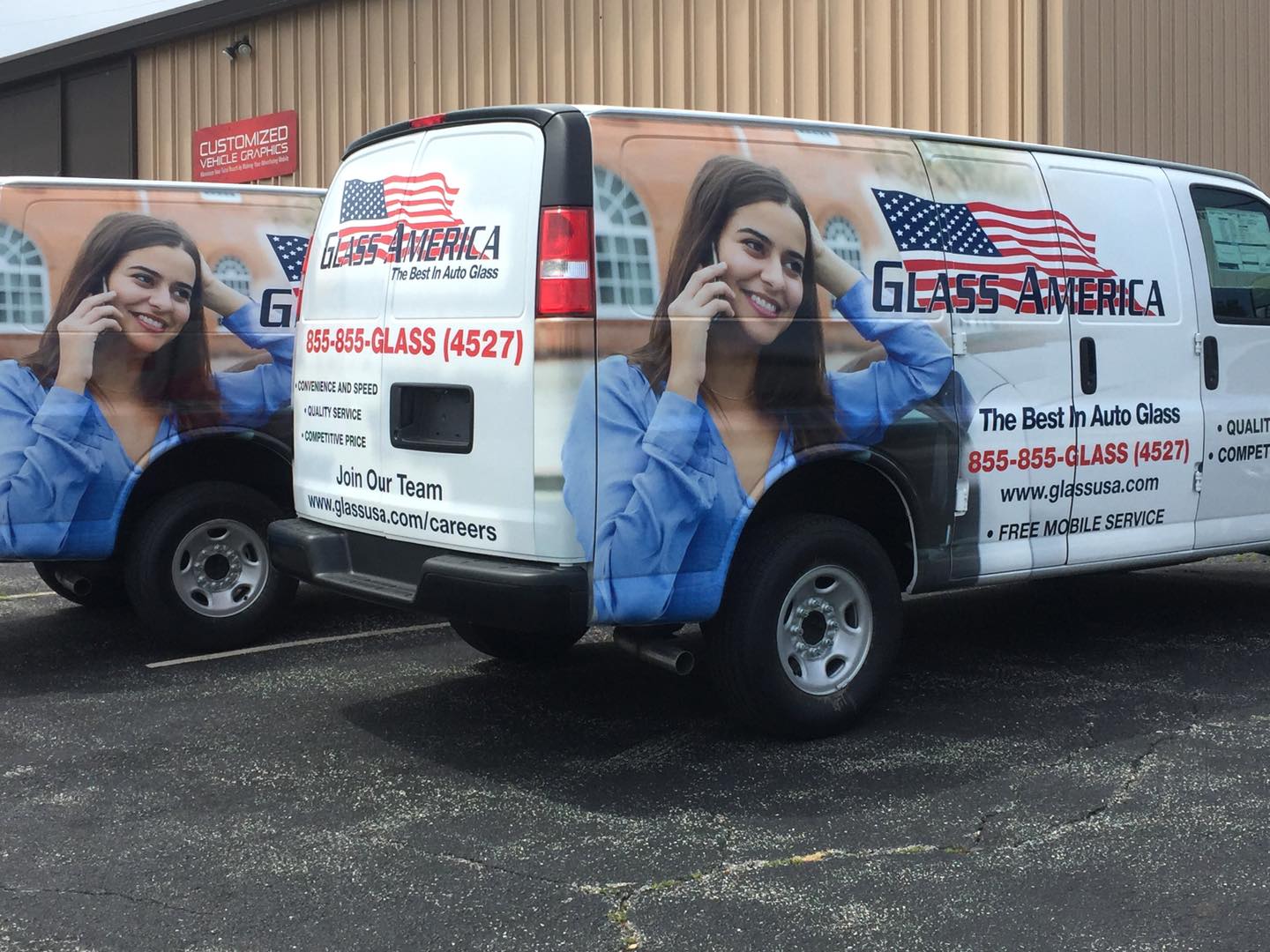 Branded service vans with full fleet vehicle graphics designed for multi-location fleet branding consistency