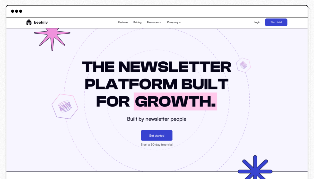 beehiiv homepage highlighting “The newsletter platform built for growth” with a call to start a free trial, showcasing a platform designed for creators to build and scale newsletters. Visual of the beehiiv website interface promoting tools for newsletter growth and email marketing.