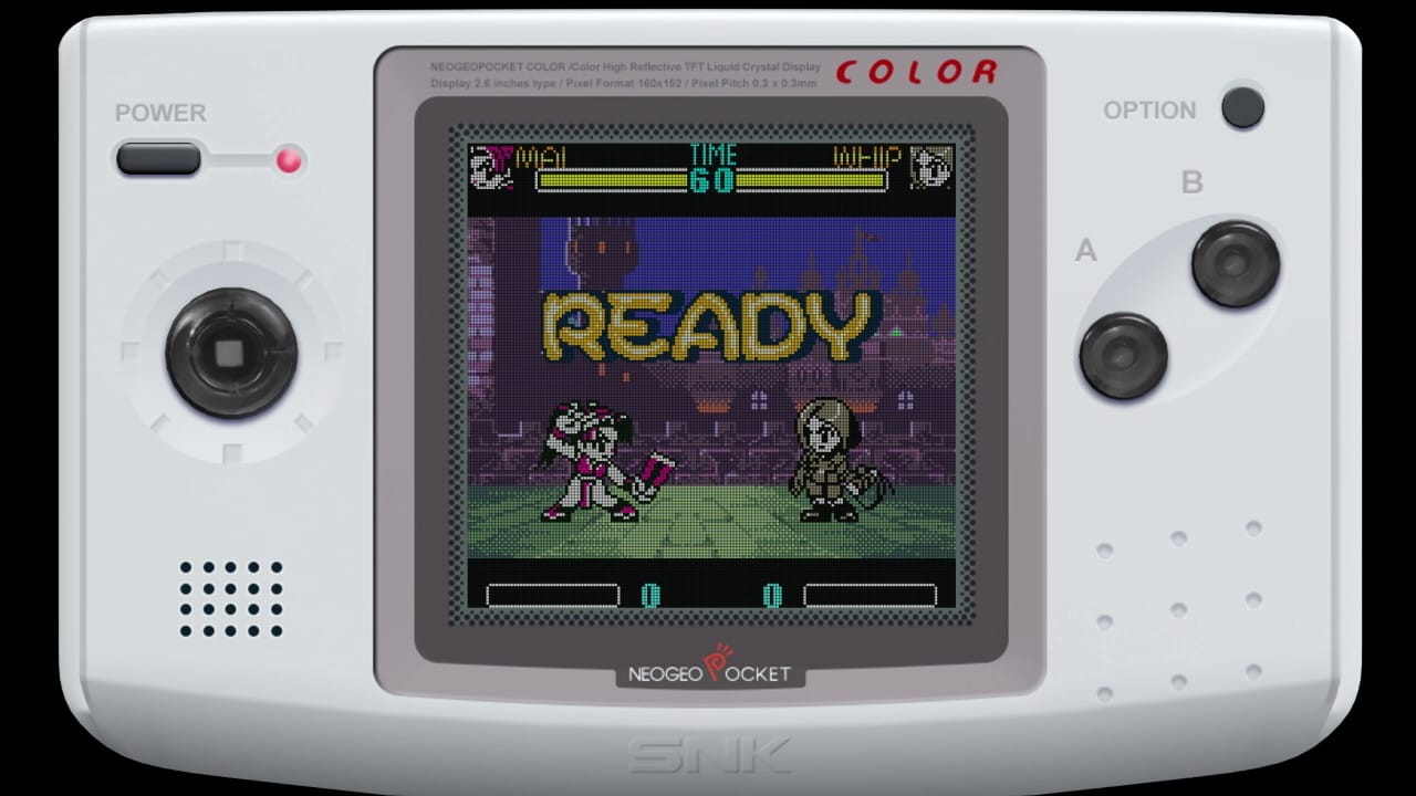 A screenshot of Mai getting "Ready" to face off against Whip, with a Neo Geo Pocket Color used as a screen border. Character coloring is not quite as intricate here as in SNK's console and arcade fighters, with Whip basically all just shades of gray.