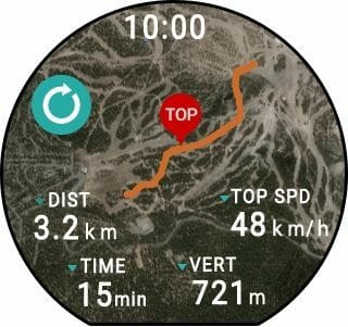 Screen displaying GPS ski descent trace