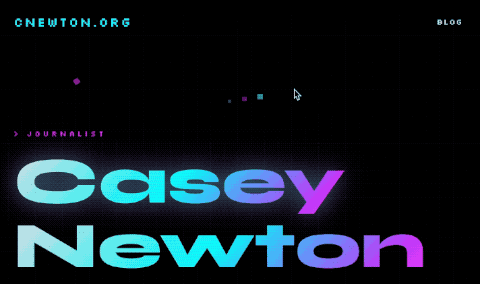 A gif of Casey Newton’s personal website showing the mouse cursor being followed around by three pixel blocks, like it was 2003 in here. 