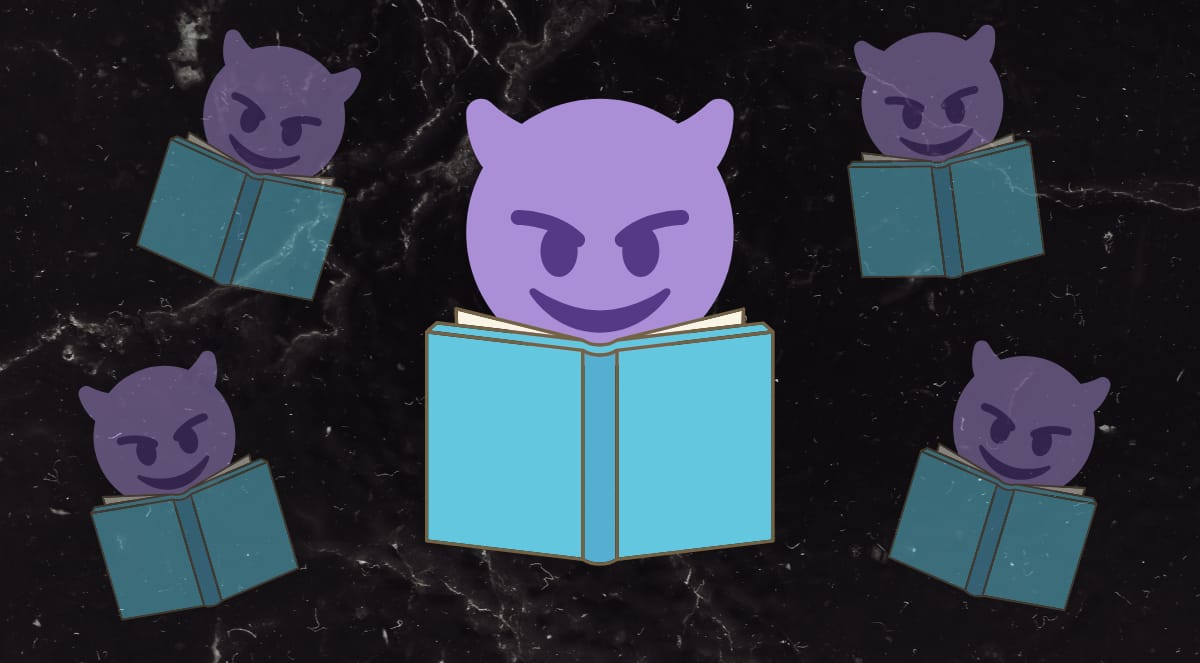 Banner de fundo preto com textura de papel amassado. Centralizado no meio da imagem, o emoji 😈 lê um livro de capa azul. Ao redor dele, várias cópias menores em menor opacidade se espalham pela imagem.