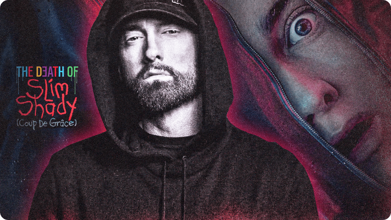 Eminem in front of his album cover for the death of slim shady