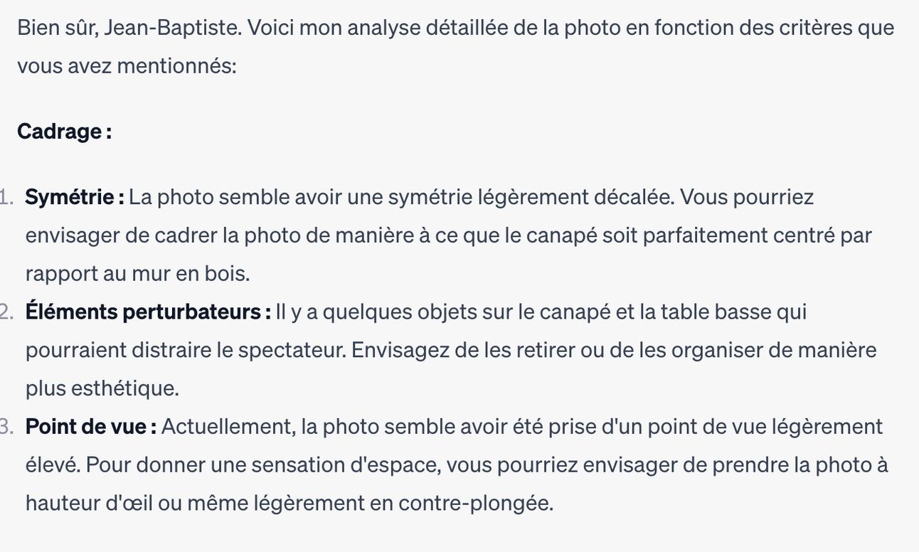 Critique constructive d'une photo par Chat GPT