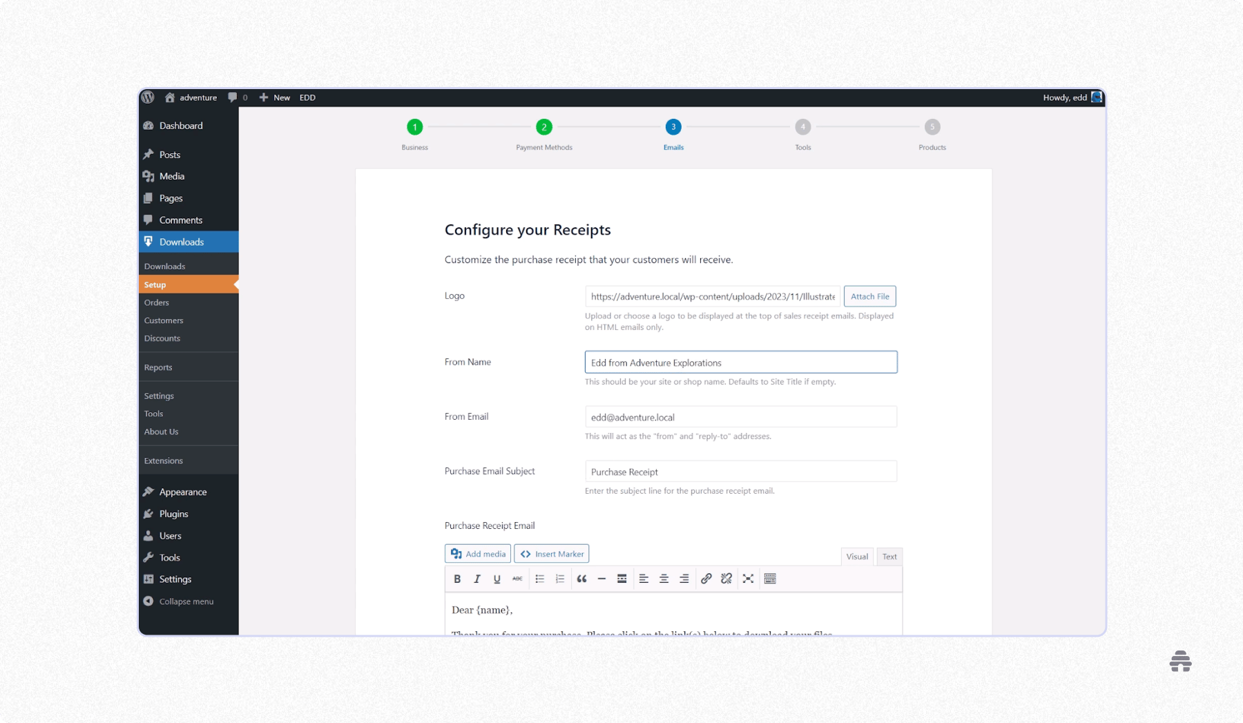 WordPress Easy Digital Downloads settings page for configuring purchase receipt emails, including logo, sender details, and email template content.