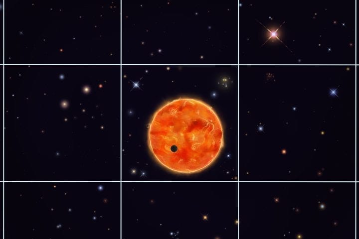 A rendering of an exoplanet host with several background stars. If left uncorrected, the additional light from the background stars can lead to underestimated exoplanet size measurements. The square grid represents individual pixels from NASA’s TESS satellite. 