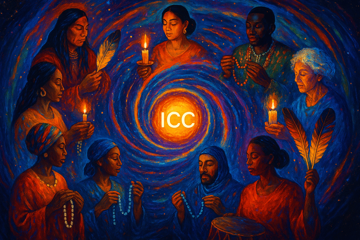 Diverse people in a circle, each holding ritual objects from their lineage, encircling a glowing ICC™ orb at the centre.