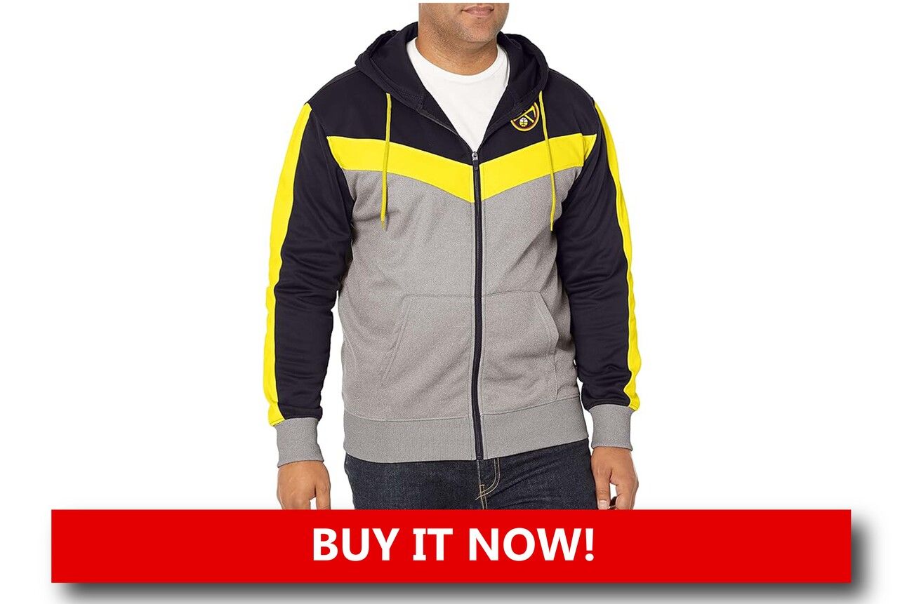 Nuggets ’90s Throwback Starter Jacket Alt text: "Denver Nuggets ’90s throwback Starter jacket with retro rainbow skyline design and classic team colors."