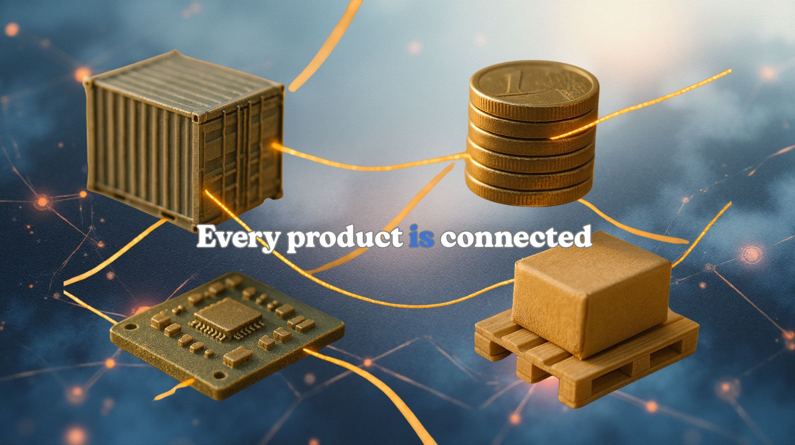 A close-up view of glowing threads stretching between miniature cargo containers and coins, some strands pulled tight, others slack, showing trade tension.